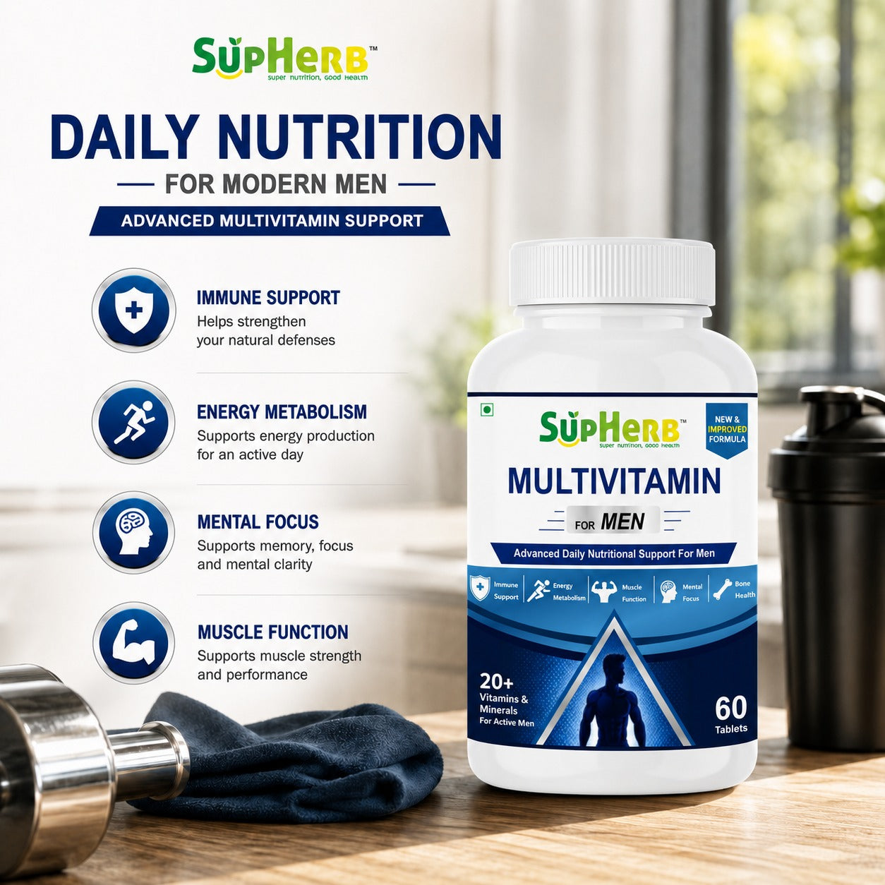 SupHerb® Multivitamin for Men | 20+ Vitamins & Minerals | Energy, Immunity, Muscle & Bone Support | 60 Tablets