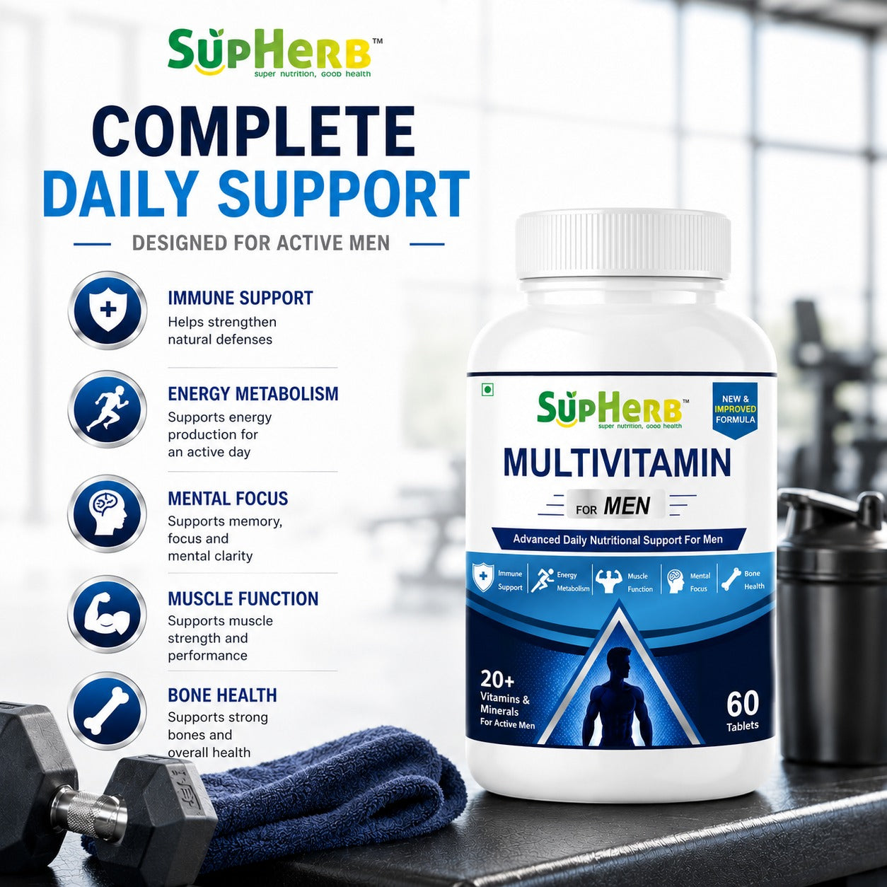 SupHerb® Multivitamin for Men | 20+ Vitamins & Minerals | Energy, Immunity, Muscle & Bone Support | 60 Tablets