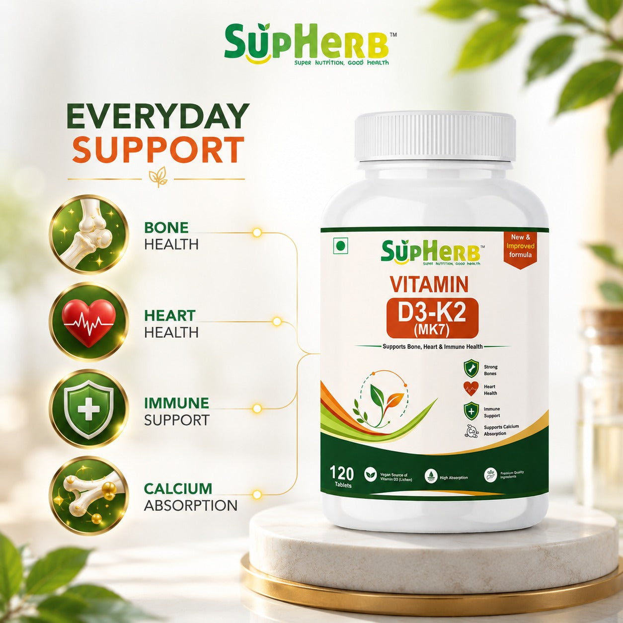 SupHerb® Vitamin D3 + K2 MK7 | Bone, Heart & Immune Support | Vegan D3 from Lichen | High Absorption | 120 Tablets
