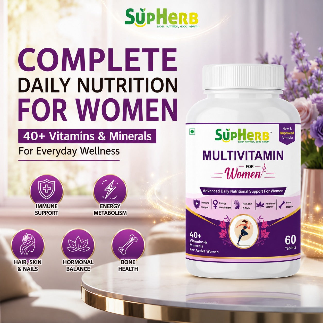 SupHerb® Multivitamin for Women | 40+ Vitamins & Minerals | Hair, Skin, Nails, Hormonal & Bone Support | 60 Tablets