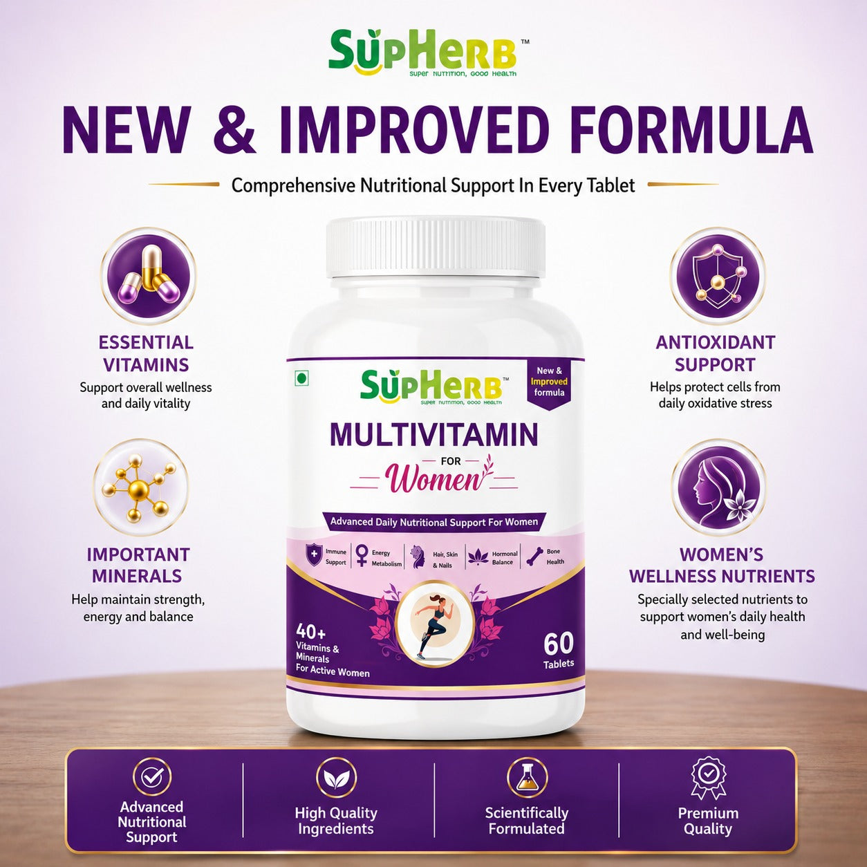 SupHerb® Multivitamin for Women | 40+ Vitamins & Minerals | Hair, Skin, Nails, Hormonal & Bone Support | 60 Tablets
