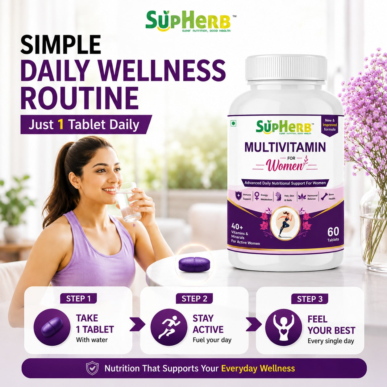 SupHerb® Multivitamin for Women | 40+ Vitamins & Minerals | Hair, Skin, Nails, Hormonal & Bone Support | 60 Tablets