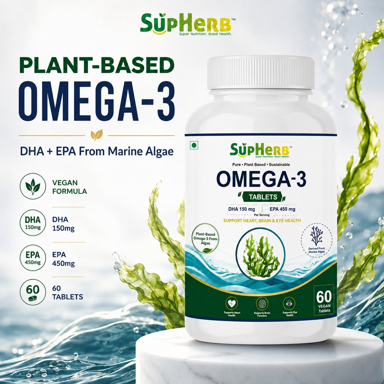 SupHerb® Vegan Omega-3 | Algae-Based DHA & EPA | Supports Heart, Brain & Eye Health | 60 Vegan Tablets