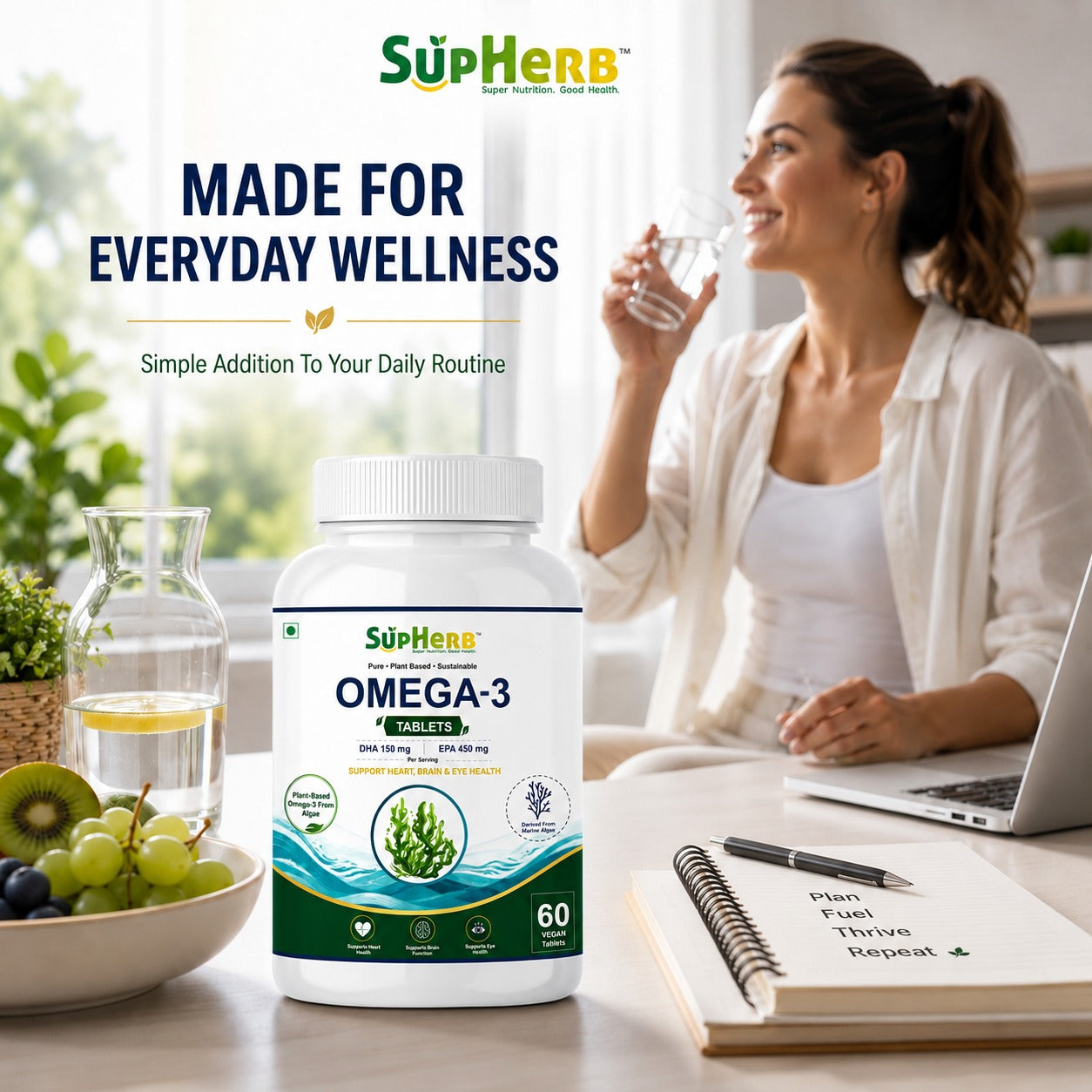 SupHerb® Vegan Omega-3 | Algae-Based DHA & EPA | Supports Heart, Brain & Eye Health | 60 Vegan Tablets
