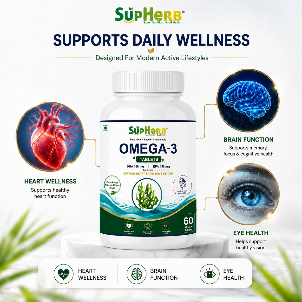 SupHerb® Vegan Omega-3 | Algae-Based DHA & EPA | Supports Heart, Brain & Eye Health | 60 Vegan Tablets