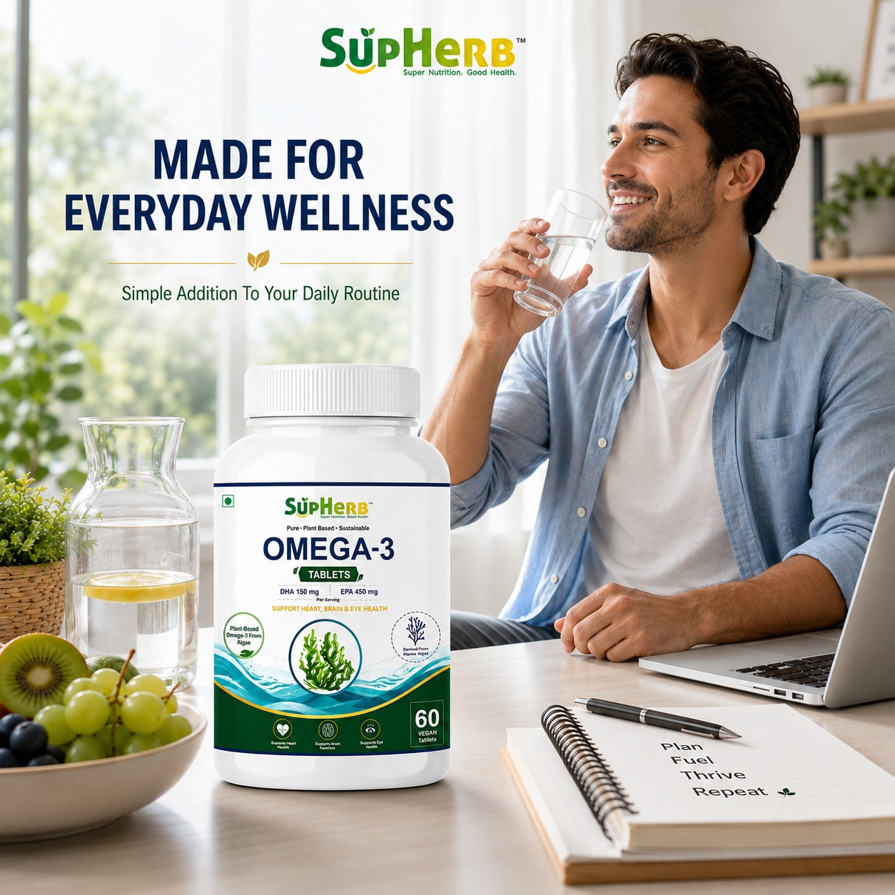 SupHerb® Vegan Omega-3 | Algae-Based DHA & EPA | Supports Heart, Brain & Eye Health | 60 Vegan Tablets