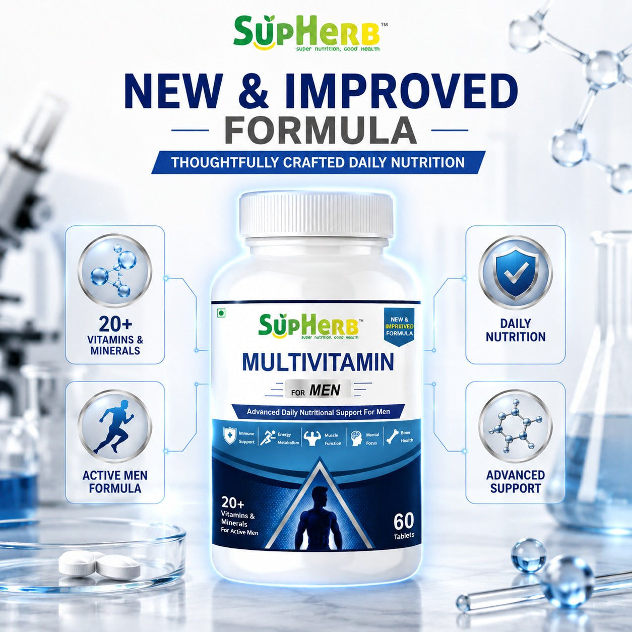 SupHerb® Multivitamin for Men | 20+ Vitamins & Minerals | Energy, Immunity, Muscle & Bone Support | 60 Tablets
