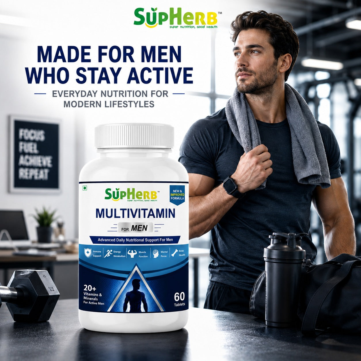 SupHerb® Multivitamin for Men | 20+ Vitamins & Minerals | Energy, Immunity, Muscle & Bone Support | 60 Tablets
