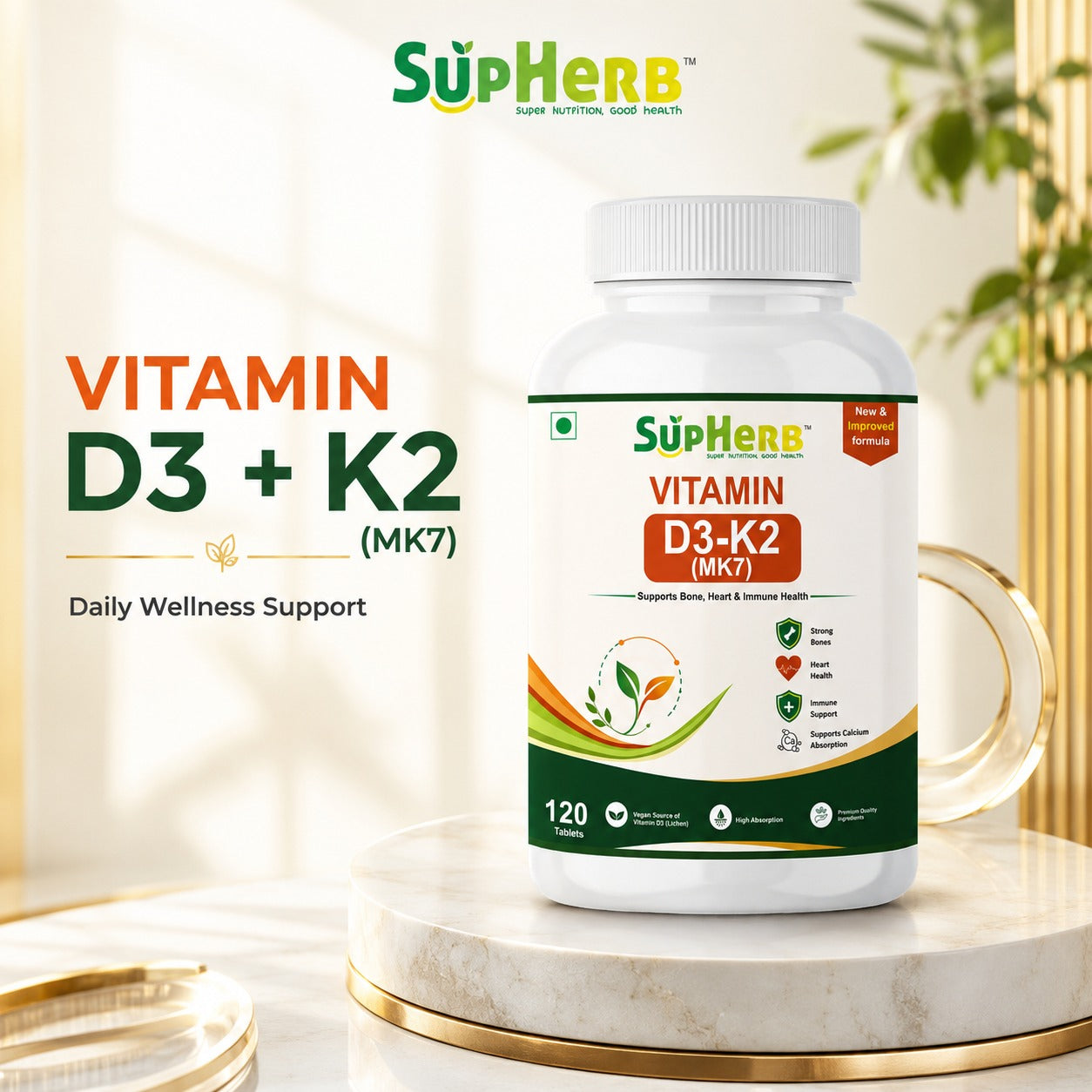 SupHerb® Vitamin D3 + K2 MK7 | Bone, Heart & Immune Support | Vegan D3 from Lichen | High Absorption | 120 Tablets