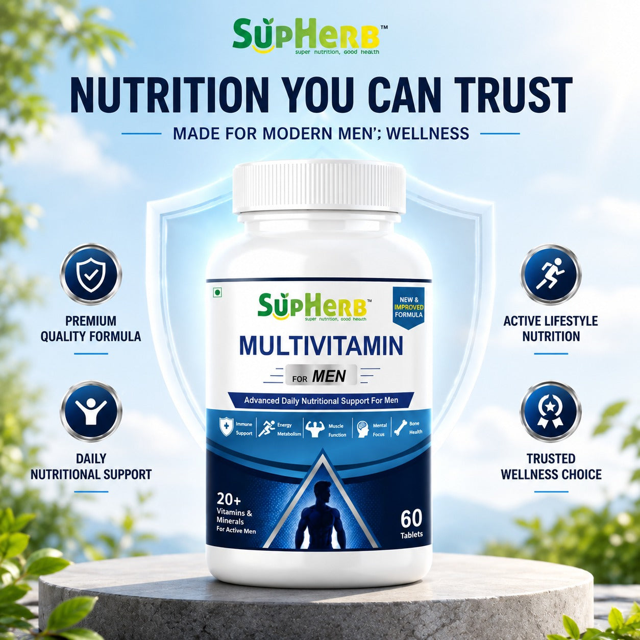 SupHerb® Multivitamin for Men | 20+ Vitamins & Minerals | Energy, Immunity, Muscle & Bone Support | 60 Tablets