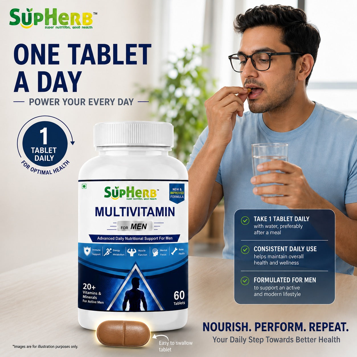 SupHerb® Multivitamin for Men | 20+ Vitamins & Minerals | Energy, Immunity, Muscle & Bone Support | 60 Tablets
