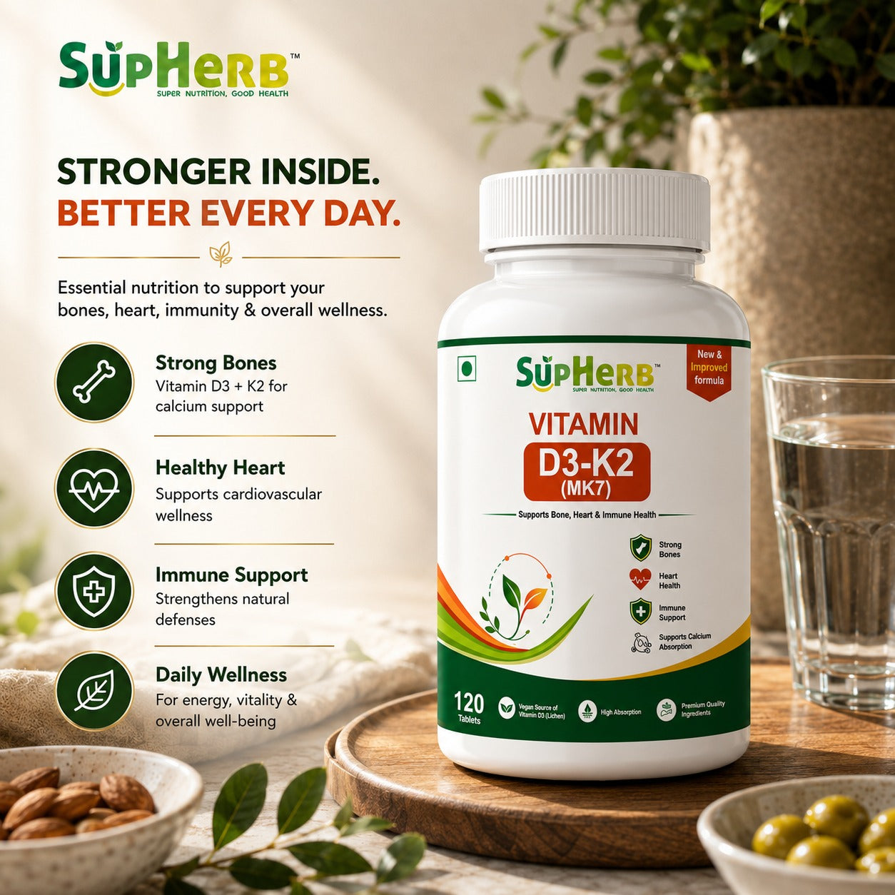 SupHerb® Vitamin D3 + K2 MK7 | Bone, Heart & Immune Support | Vegan D3 from Lichen | High Absorption | 120 Tablets