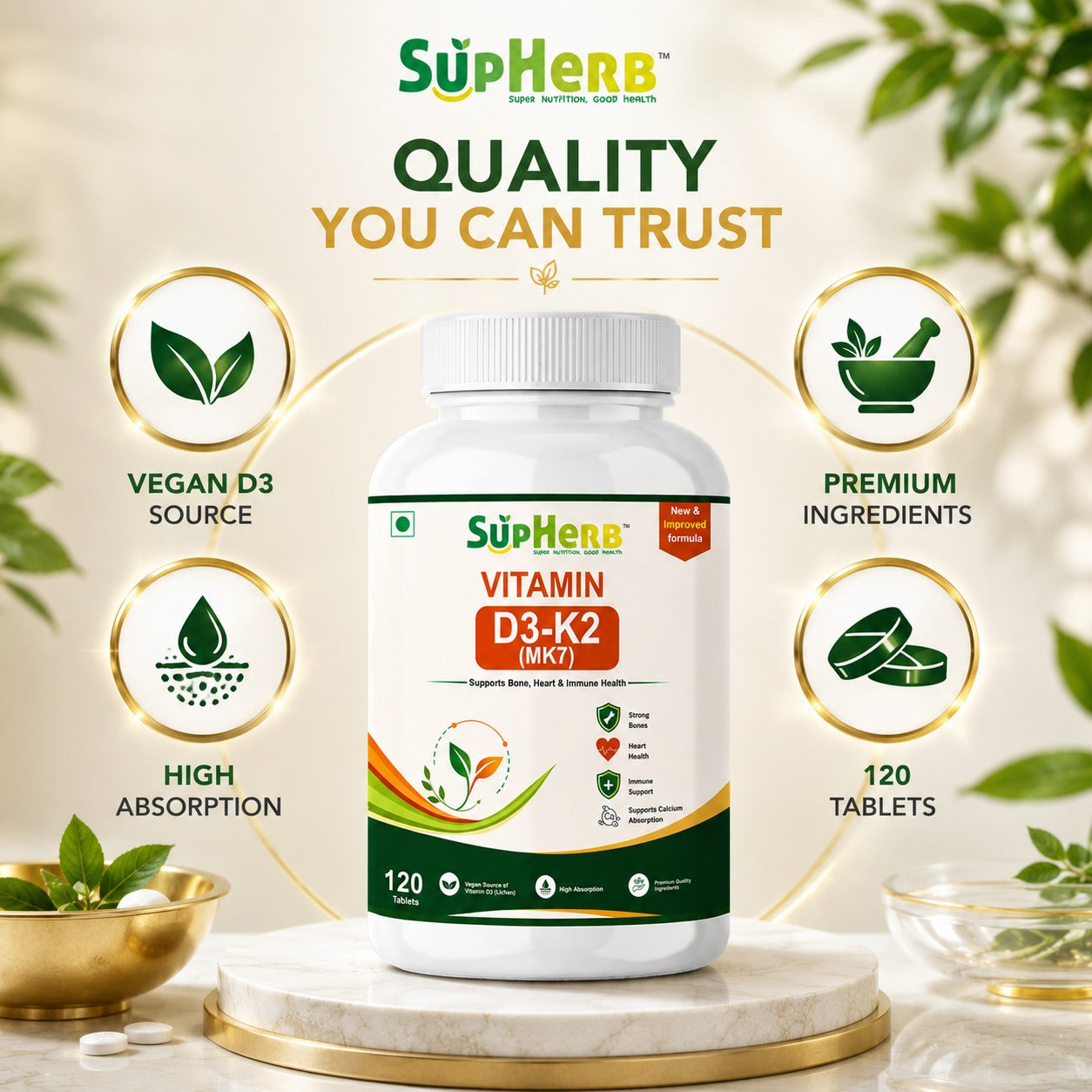 SupHerb® Vitamin D3 + K2 MK7 | Bone, Heart & Immune Support | Vegan D3 from Lichen | High Absorption | 120 Tablets