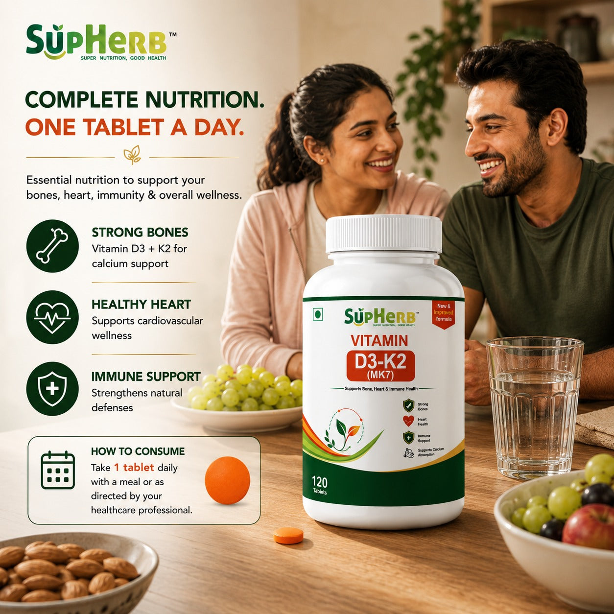 SupHerb® Vitamin D3 + K2 MK7 | Bone, Heart & Immune Support | Vegan D3 from Lichen | High Absorption | 120 Tablets