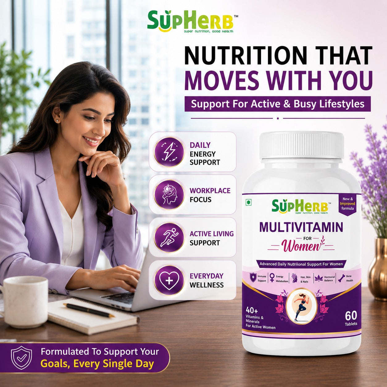 SupHerb® Multivitamin for Women | 40+ Vitamins & Minerals | Hair, Skin, Nails, Hormonal & Bone Support | 60 Tablets