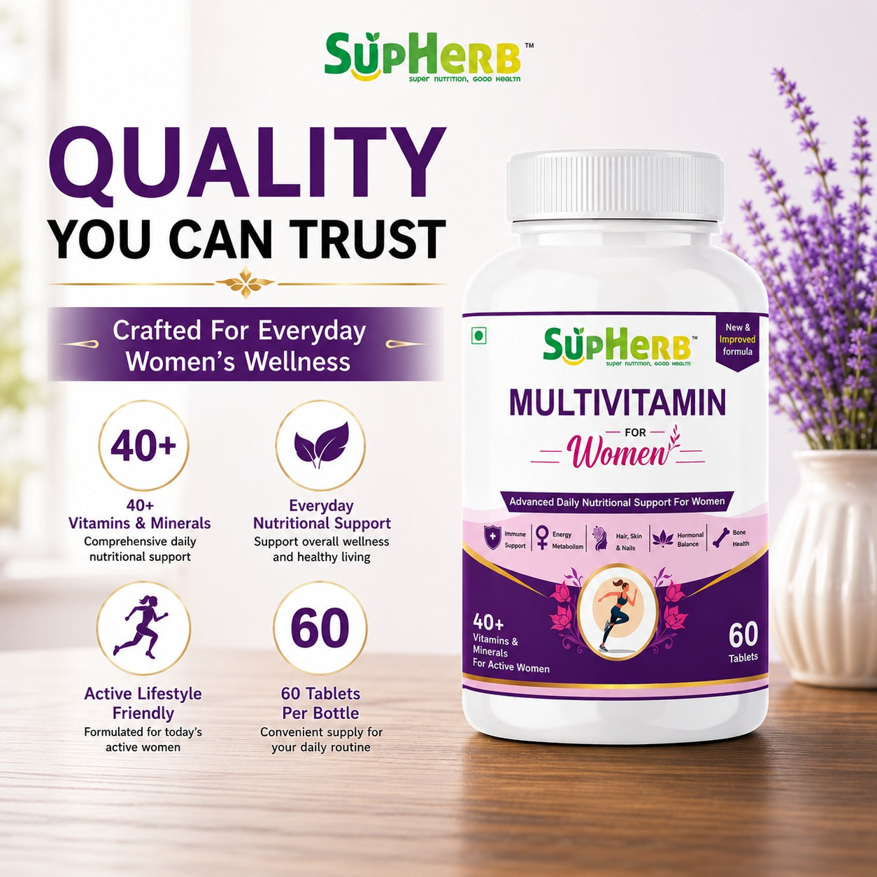 SupHerb® Multivitamin for Women | 40+ Vitamins & Minerals | Hair, Skin, Nails, Hormonal & Bone Support | 60 Tablets