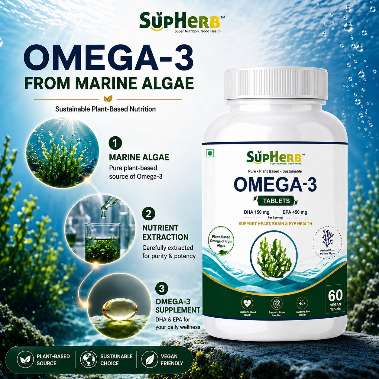 SupHerb® Vegan Omega-3 | Algae-Based DHA & EPA | Supports Heart, Brain & Eye Health | 60 Vegan Tablets