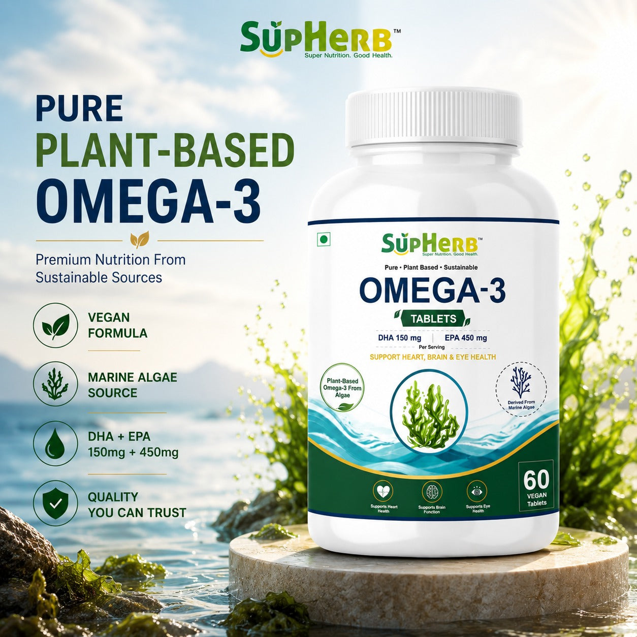 SupHerb® Vegan Omega-3 | Algae-Based DHA & EPA | Supports Heart, Brain & Eye Health | 60 Vegan Tablets