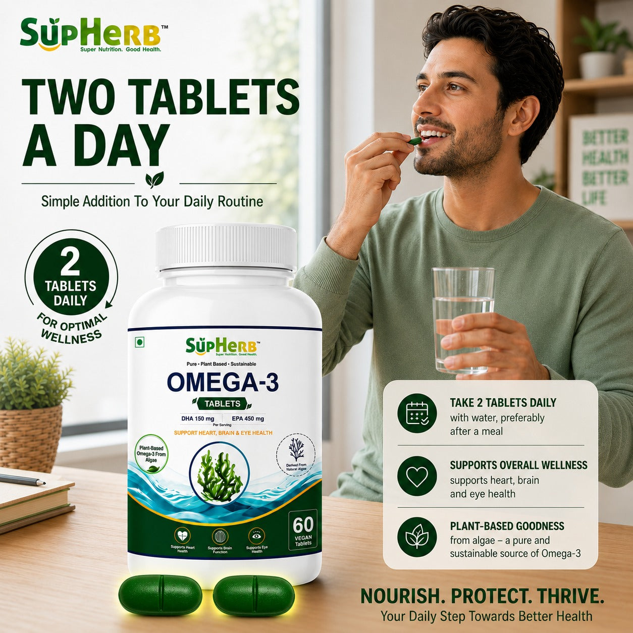 SupHerb® Vegan Omega-3 | Algae-Based DHA & EPA | Supports Heart, Brain & Eye Health | 60 Vegan Tablets